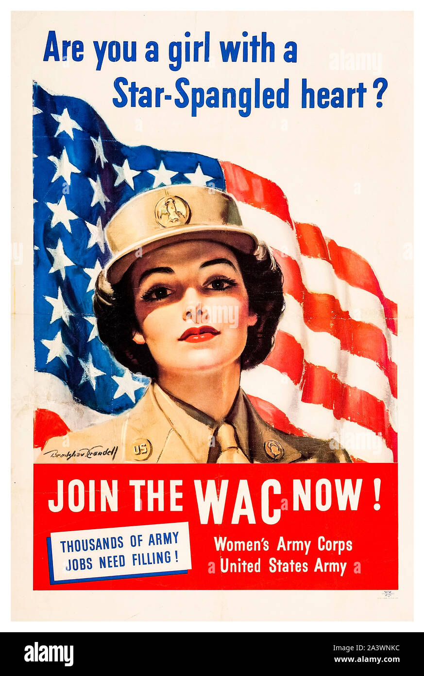 Nous, américains, WW2, femme, affiche de recrutement de l'Armée canadienne, (WAC), (femme en uniforme avec drapeau américain), 1941-1945 Banque D'Images