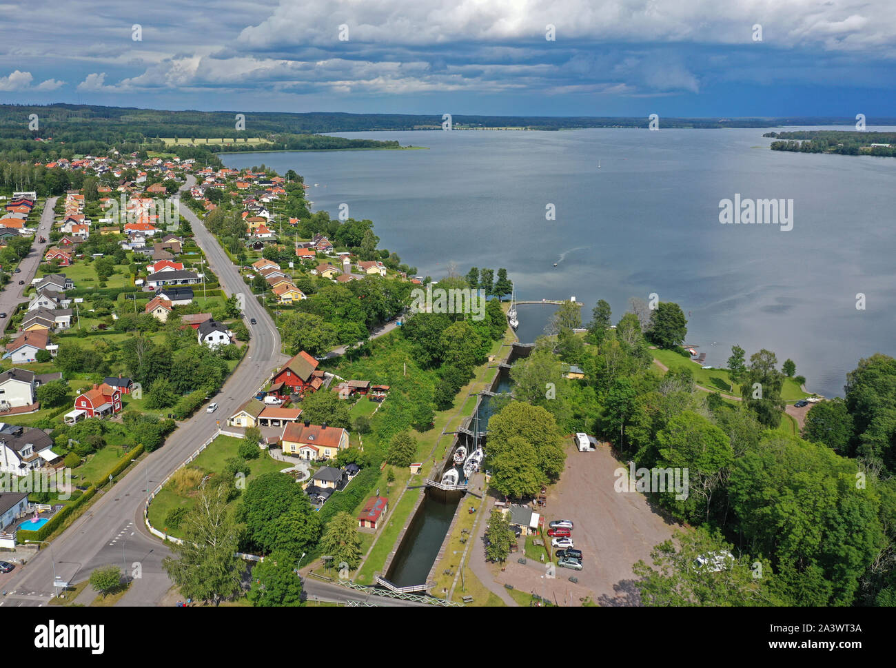 Drönarbild 20190712MOTALA över Borenshults Göta kanal, slussar, Motala. Foto Jeppe Gustafsson Banque D'Images