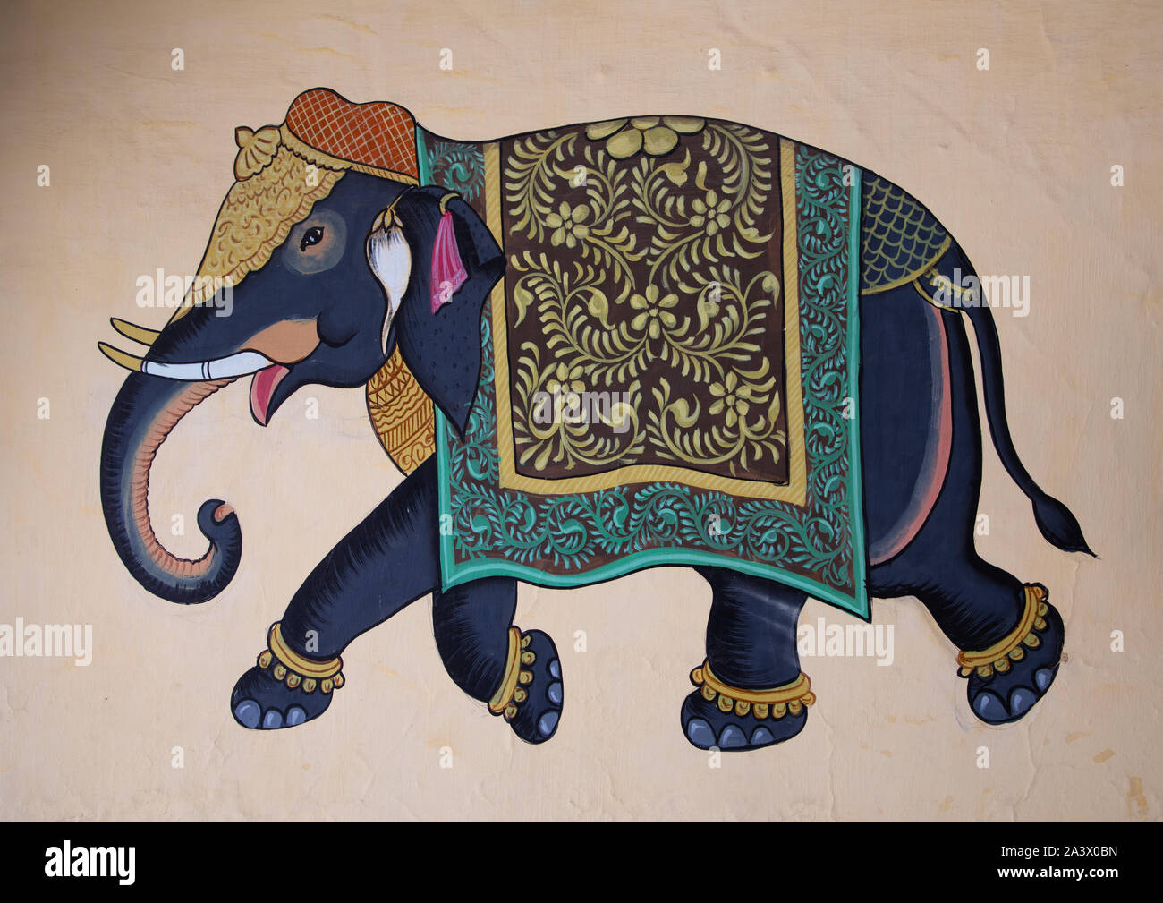 Des fresques murales représentant un éléphant, Rajasthan, Jaipur, Inde Banque D'Images