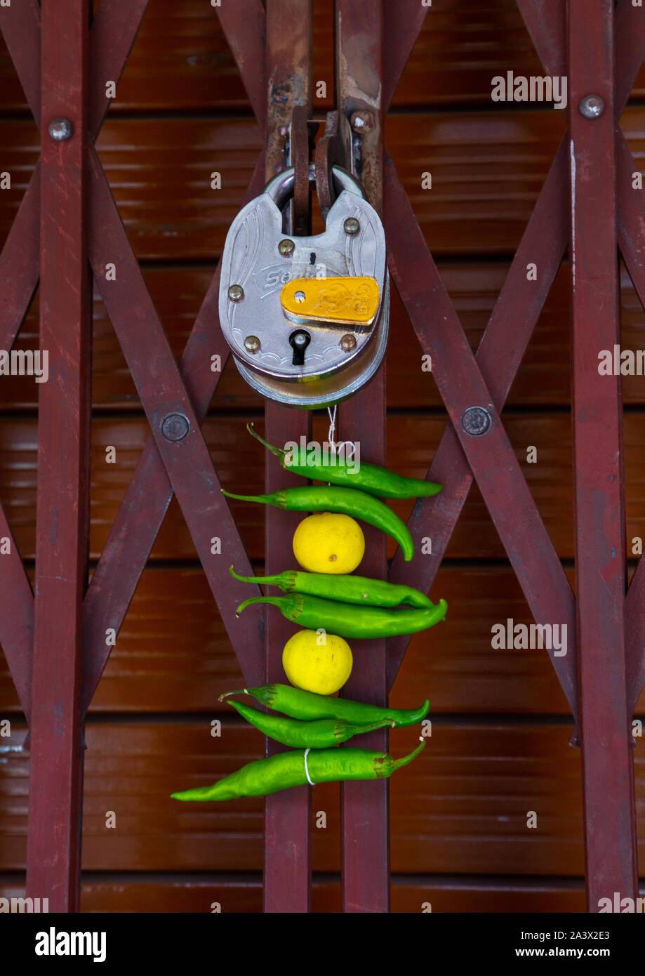 Citron et piment vert attaché à un fil accroché à l'extérieur d'une porte pour conserver à l'écart Alakshmi, Rajasthan, Jaipur, Inde Banque D'Images