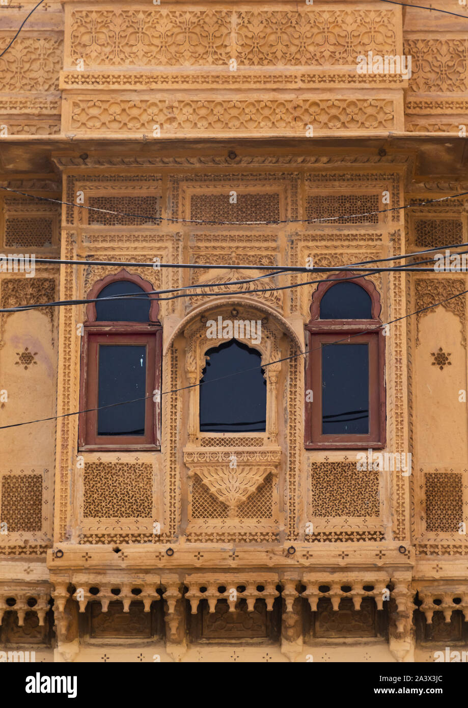 Vieux haveli balcon, Rajasthan, Jaisalmer, Inde Banque D'Images