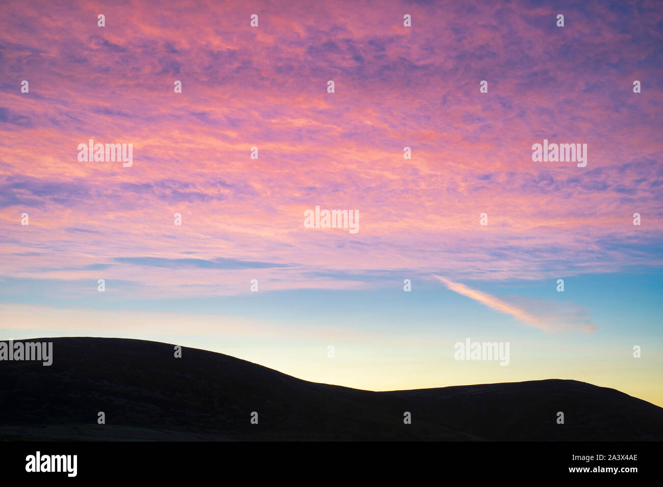 Tôt le matin et ciel rose hill silhouette. Dumfries et Galloway, Scottish Borders, Scotland Banque D'Images