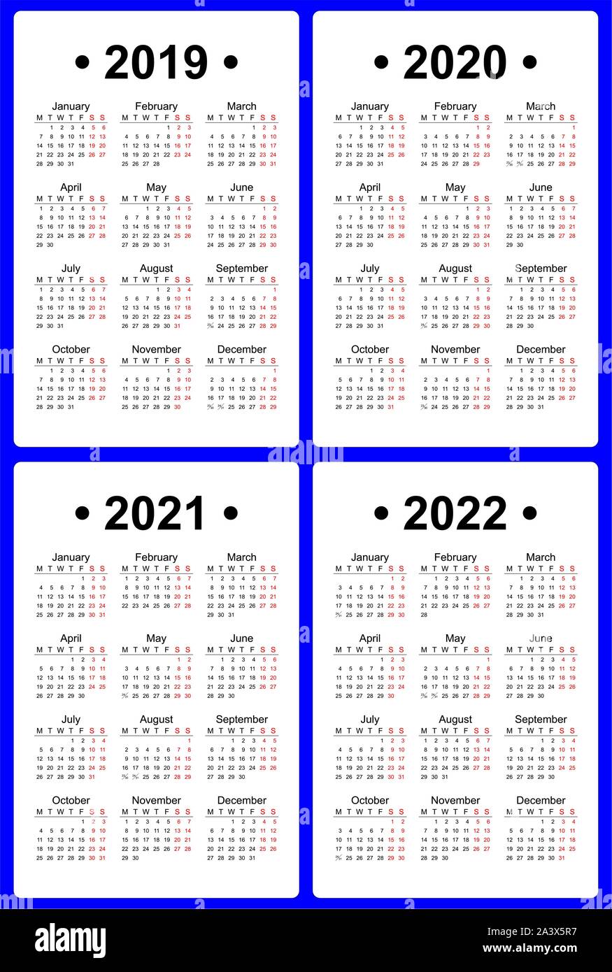 Ensemble de 4 modèles de calendrier, d'anglais, lundi en premier. 2019, 2020, 2021, 2022 Année vector Illustration de Vecteur