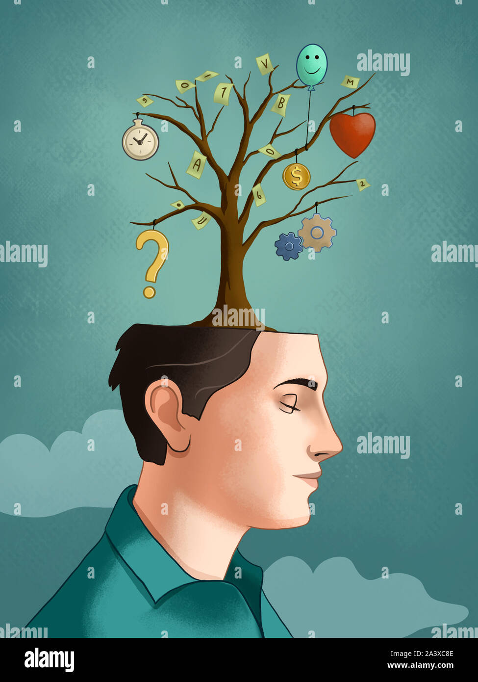 Arbre qui pousse à partir d'un jeune homme, la tête avec les différentes pensées de chaque direction générale. Illustration numérique. Banque D'Images