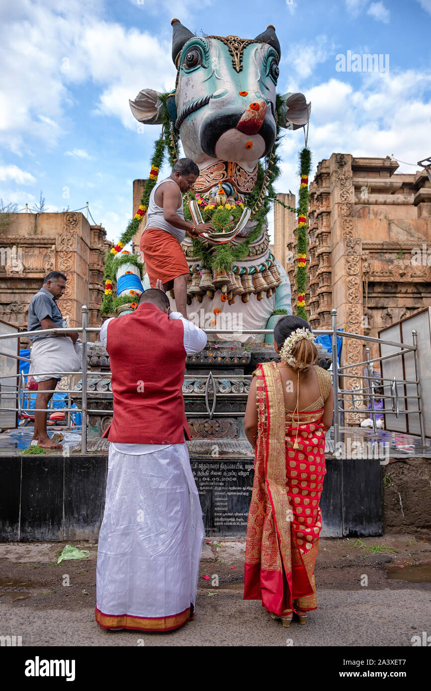 Madurai, Inde - le 23 août 2018 : un couple priant devant la statue de Nandi. Nandi est le sacré veau mâle, Gatekeeper, véhicule et du dieu Shiva Banque D'Images