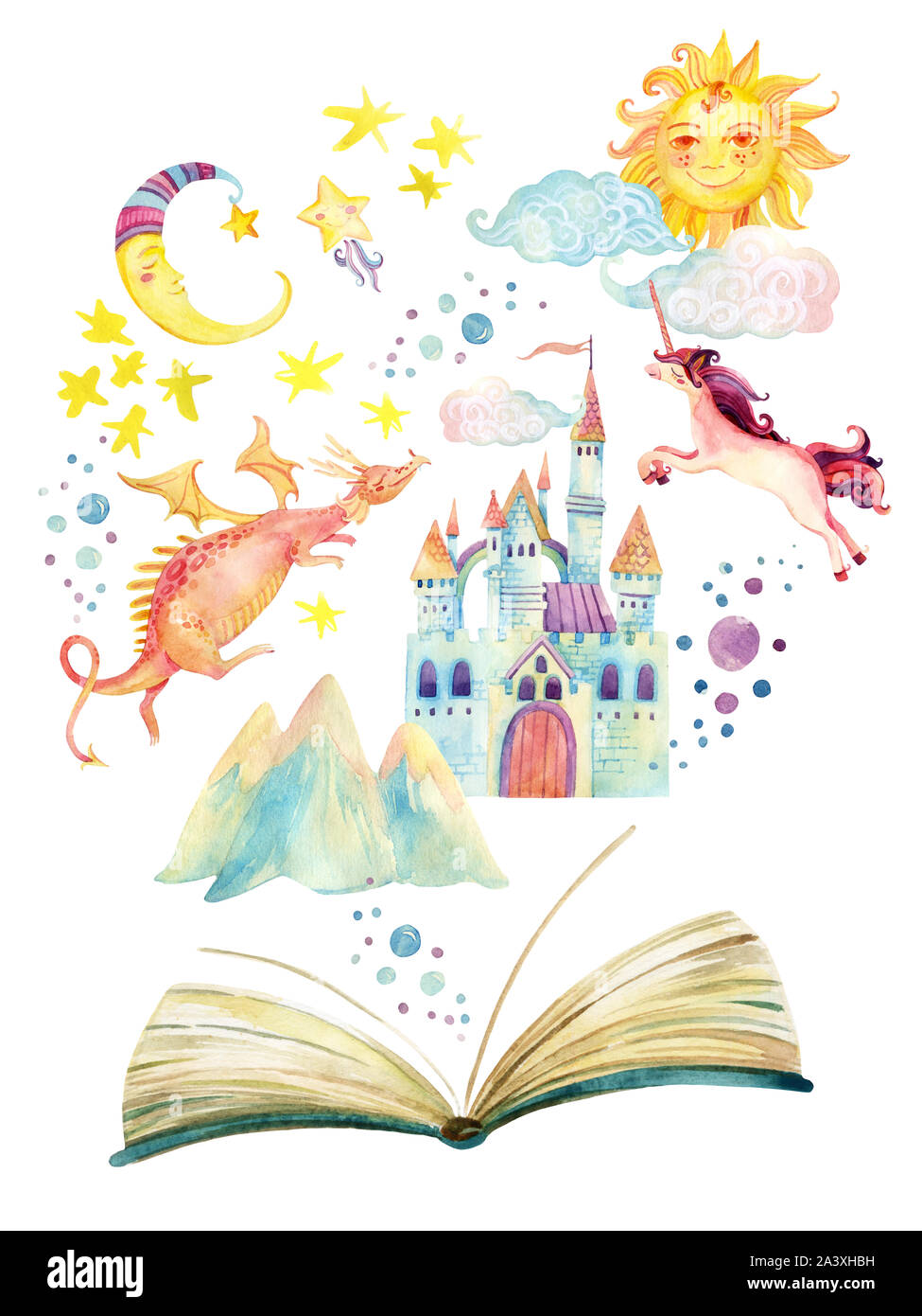 Aquarelle livre ouvert avec magic world isolé sur fond blanc. L'ensemble de la fable dans le livre : étoiles, lune, soleil, Magic Castle, dragon, licorne. Han Banque D'Images