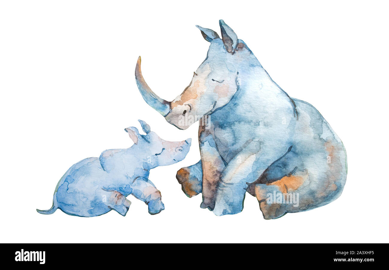 Rhino aquarelle famille. Mignon petit rhinoceros avec sa maman isolé sur fond blanc. Mère Rhino avec cub, vedette des animaux. Biberon aquarelle Banque D'Images
