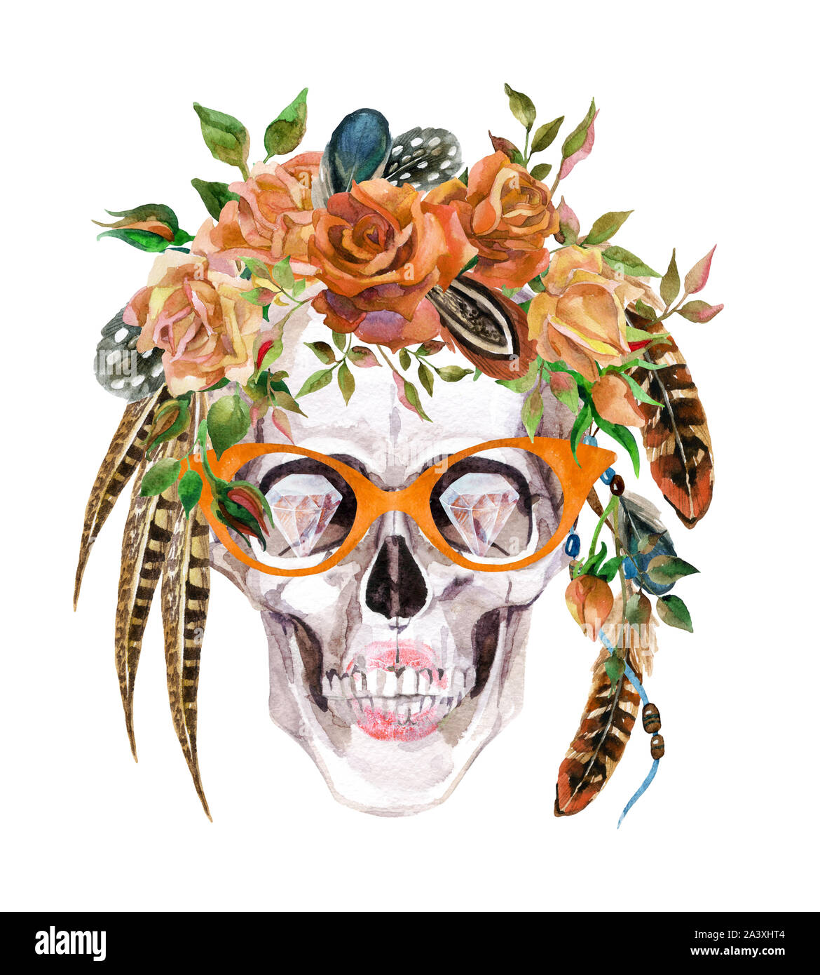 Aquarelle crâne humain dans des verres et gerbe de fleurs et de plumes de la tête d'enrubannage. Illustration portrait peint main hipster isolé sur blanc Banque D'Images