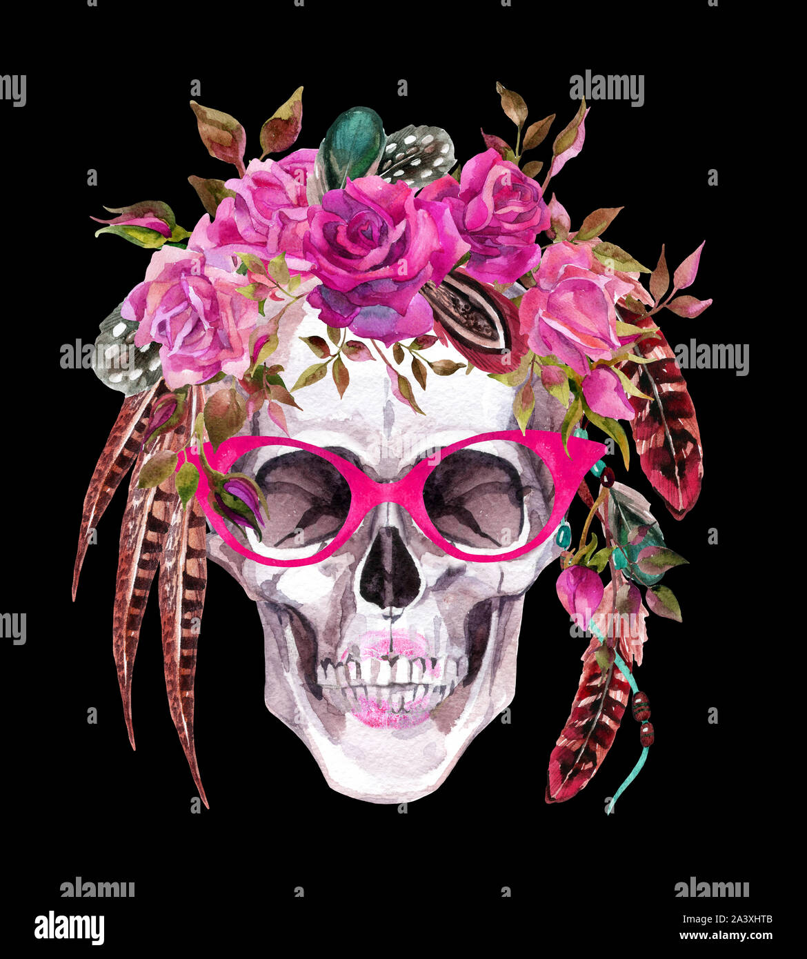 Aquarelle crâne humain dans des verres et gerbe de fleurs et de plumes de la tête d'enrubannage. Portrait peint à la main sur hipster illustration isolé bl Banque D'Images