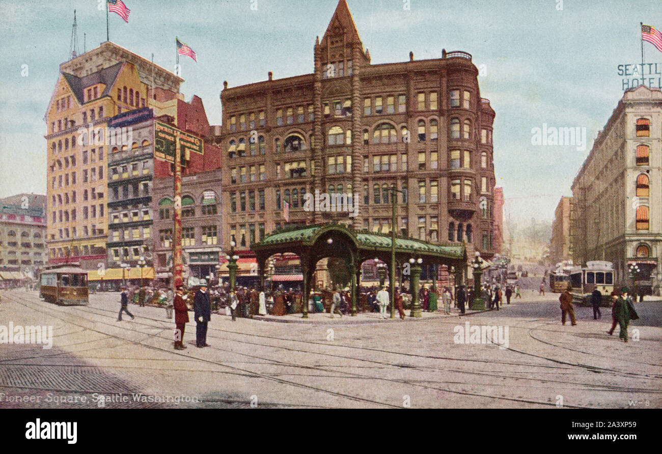 Pioneer Square Seattle, Washington, vieille carte postale. Banque D'Images