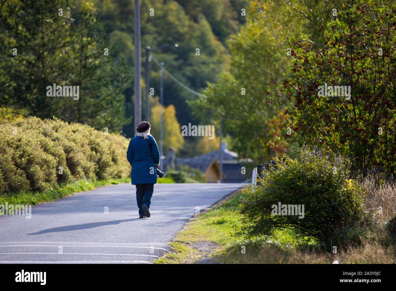 Une femme dans un manteau de marcher sur un chemin à Eidfjord, Hordaland,  Norvège Photo Stock - Alamy
