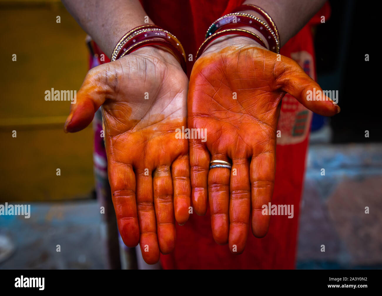 Portrait de femme mains montrant tatouage au henné, Rajasthan, Jodhpur, Inde Banque D'Images