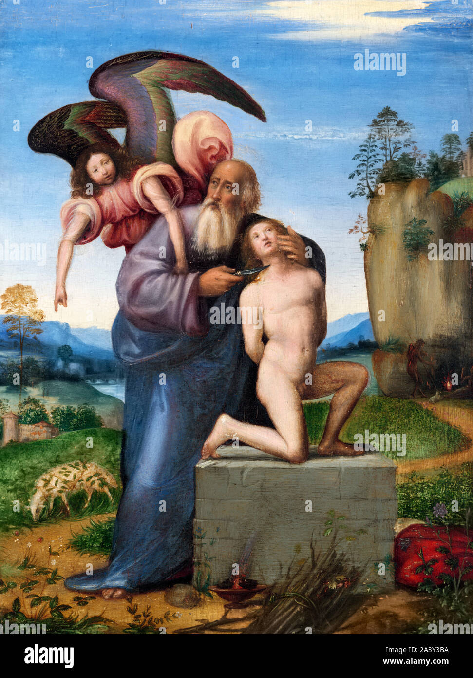 Le sacrifice d'Isaac par Mariotto Albertinelli (1474-1515), huile sur panneau, c.1509/13 Banque D'Images