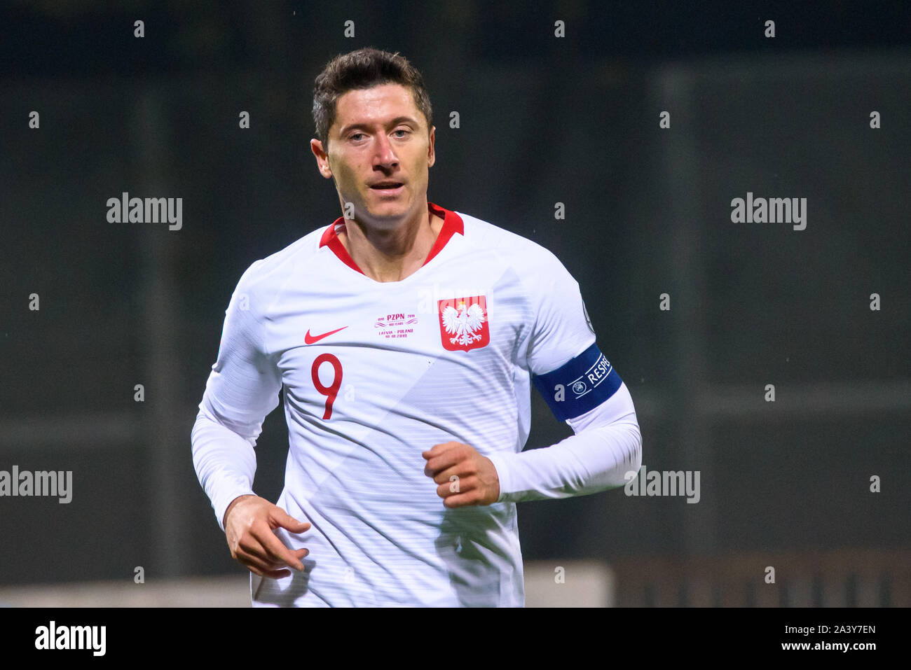 RIGA, Lettonie. 10 octobre, 2019. Robert Lewandowski, pendant l'UEFA EURO 2020 match de qualification entre l'équipe nationale de football de l'équipe de Lettonie et Pologne. Credit : Gints Ivuskans/Alamy Live News Banque D'Images