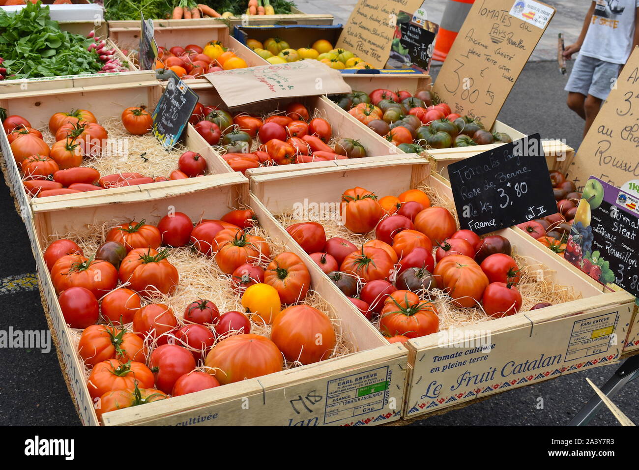 Fraîchement cueilli les tomates biologiques en vente sur le marché. Juicy rouge, rose, jaune, vert et tigre tomates sur une échoppe de marché dans une ville française. Banque D'Images