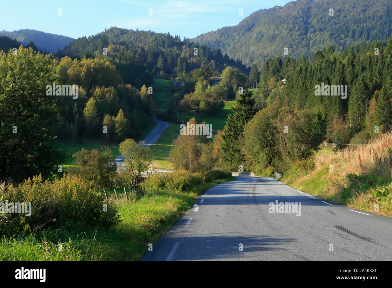 Une route de campagne goudronnée traverse le paysage rural de l'île d'Osterøy, dans le comté de Vestland, en Norvège. Banque D'Images