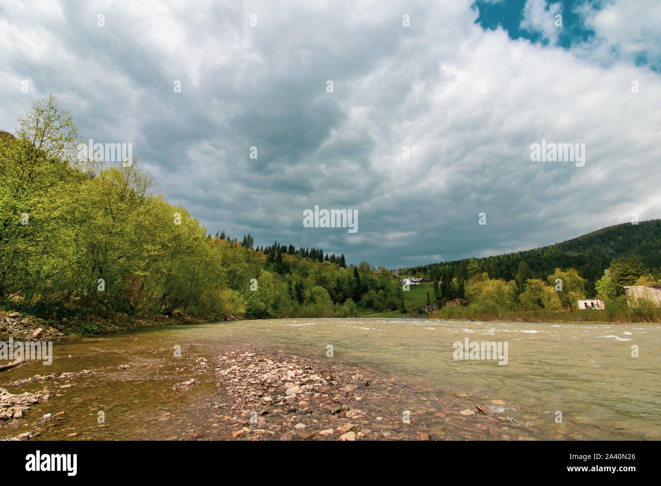 Rivière dans les montagnes. Beau paysage des Carpates en Ukraine. Yaremche. Thundercloud, les nuages de tempête. Billet d'arrière-plan. Forêt de pins, pinède. Banque D'Images