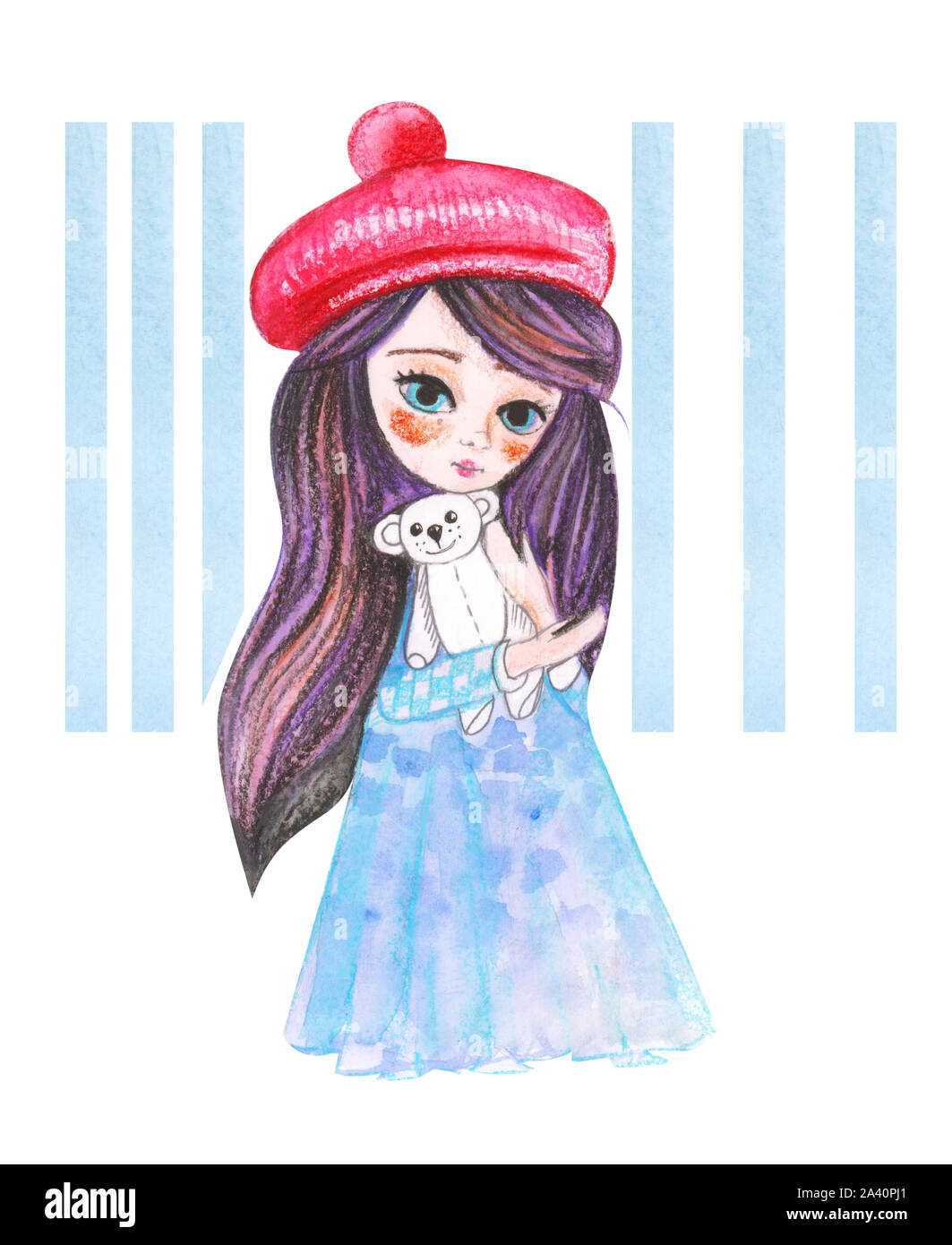 Illustration aquarelle dessin petite princesse en robe bleu et béret rouge sur un fond blanc Banque D'Images