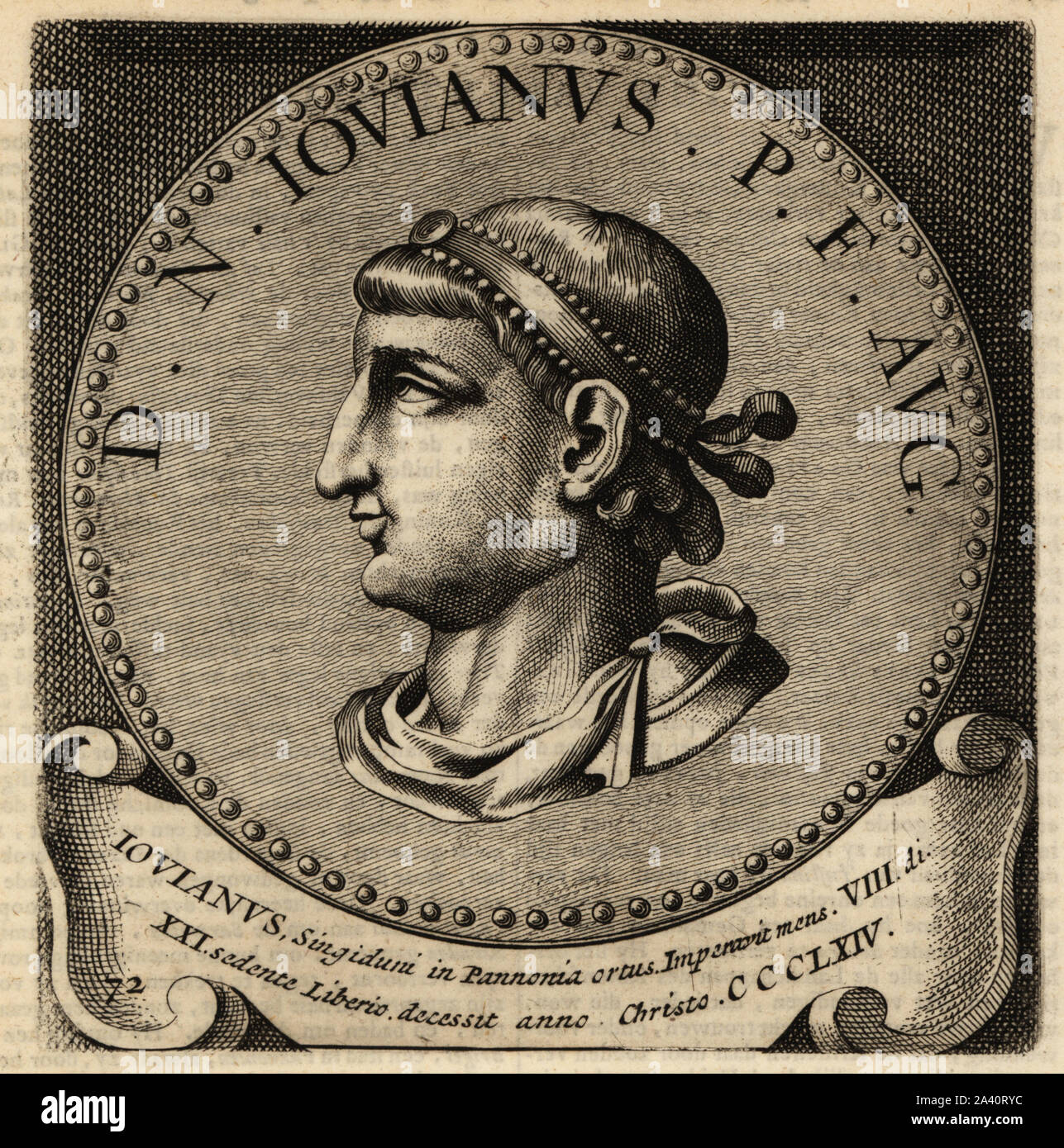 Empereur romain Jovian, 331-364. Flavius Jovianus Augustus, Empereur byzantin. La gravure sur cuivre d'Abraham Bogaert's de Roomsche Monarchie, la monarchie romaine, François Salma, Utrecht, 1697. Banque D'Images