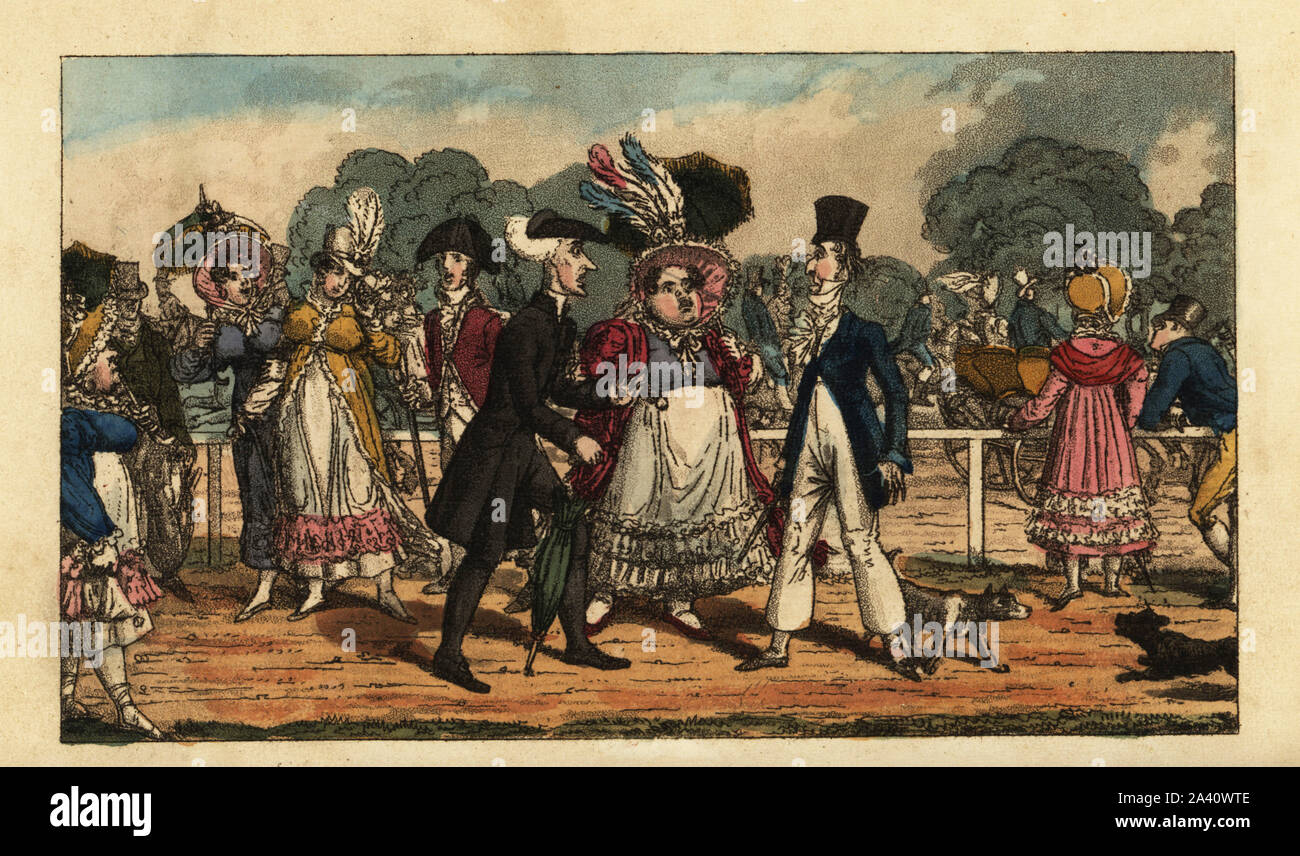 Homme et femme promenading géorgienne à Hyde Park, 1820. Le quartier branché de Londres, équitation et randonnée pédestre dans le parc. Médecin Syntaxe dans Hyde Park. La gravure sur cuivre coloriée après une illustration par Isaac Robert Cruikshank à partir de l'excursion de syntaxe médecin par Londres, dans les plaisirs et les misères de la métropole, J. Johnson, Londres, 1820. Banque D'Images