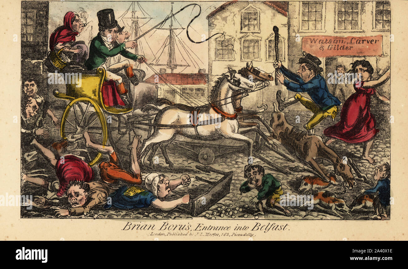 Brian Boru dans top hat et cockle-picker Peg O'Shambles écraser un chariot à cheval dans une rue de Belfast, 1822. Colporteurs frappé à la rue des oursins, les pommes de terre, un homme avec shillelagh. Brian Boru's entrée dans Belfast. Signe pour Watson's Carver & Gilder shop. Gravure coloriée de Pierce Egan's Real Life en Irlande, ou le jour et les scènes de nuit, mèches, Ramblas, et extravagantes, taureaux, erreurs, Bodderation Blarney et de Brian Boru, Esq., et son élégant ami Sir Shawn O'Dogherty, publié par William Evans, Londres, 1829. Banque D'Images