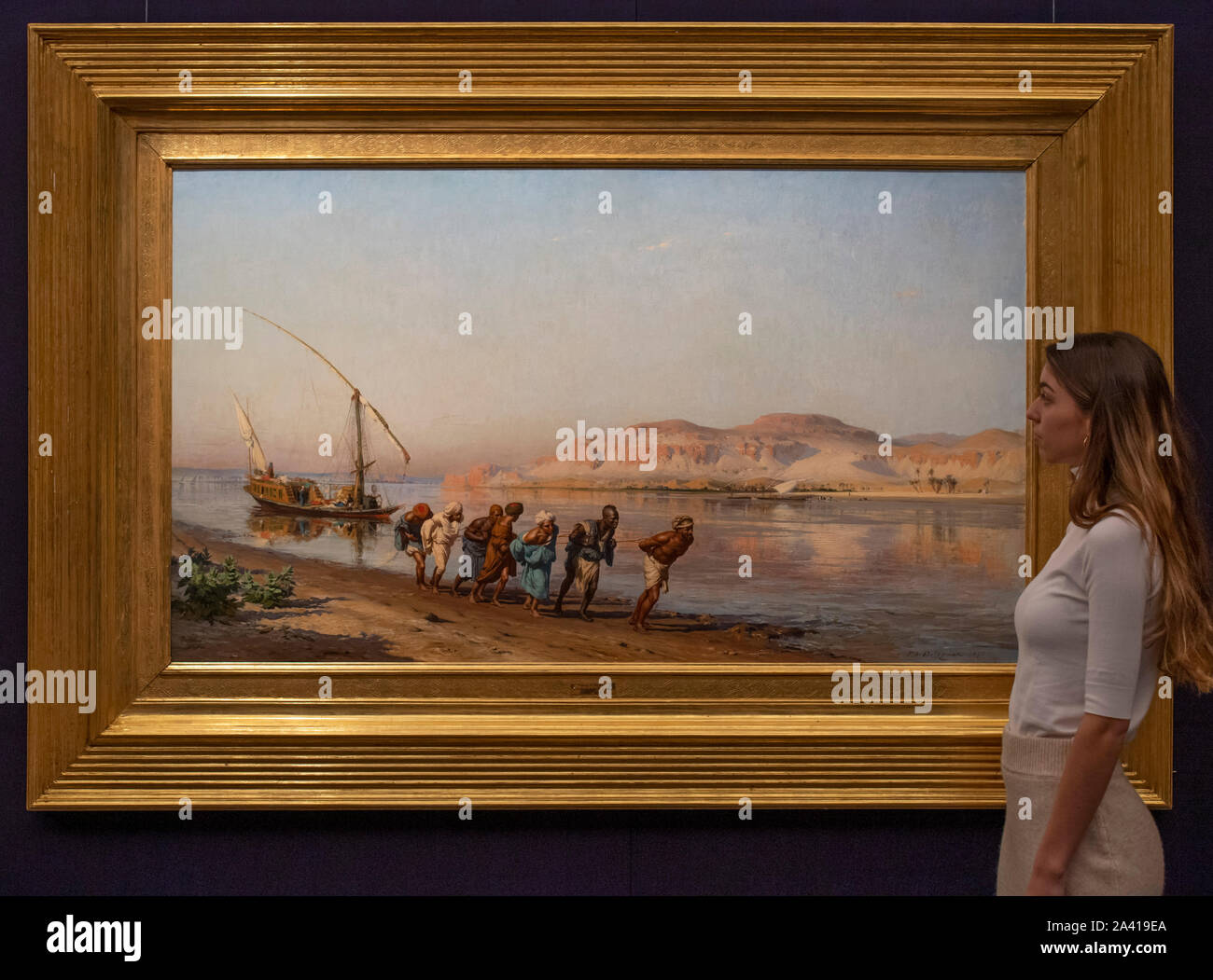 Sotheby's, New Bond Street, London, UK. 11 octobre 2019. Sotheby's et orientaliste Middle Eastern Semaine englobe les œuvres importantes du Najd Collection, le Shakerine collecte, l'art du 20e siècle et du Moyen Orient, et arts du monde islamique avant que les ventes sur les 22 et 23 octobre. Frederick Arthur Bridgman : Image. Le remorquage sur le Nil, estimation £700 000. Credit : Malcolm Park/Alamy Live News. Banque D'Images