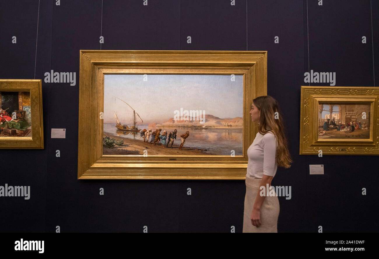 Sotheby's, New Bond Street, London, UK. 11 octobre 2019. Sotheby's et orientaliste Middle Eastern Semaine englobe les œuvres importantes du Najd Collection, le Shakerine collecte, l'art du 20e siècle et du Moyen Orient, et arts du monde islamique avant que les ventes sur les 22 et 23 octobre. Frederick Arthur Bridgman : Image. Le remorquage sur le Nil, estimation £700 000. Credit : Malcolm Park/Alamy Live News. Banque D'Images