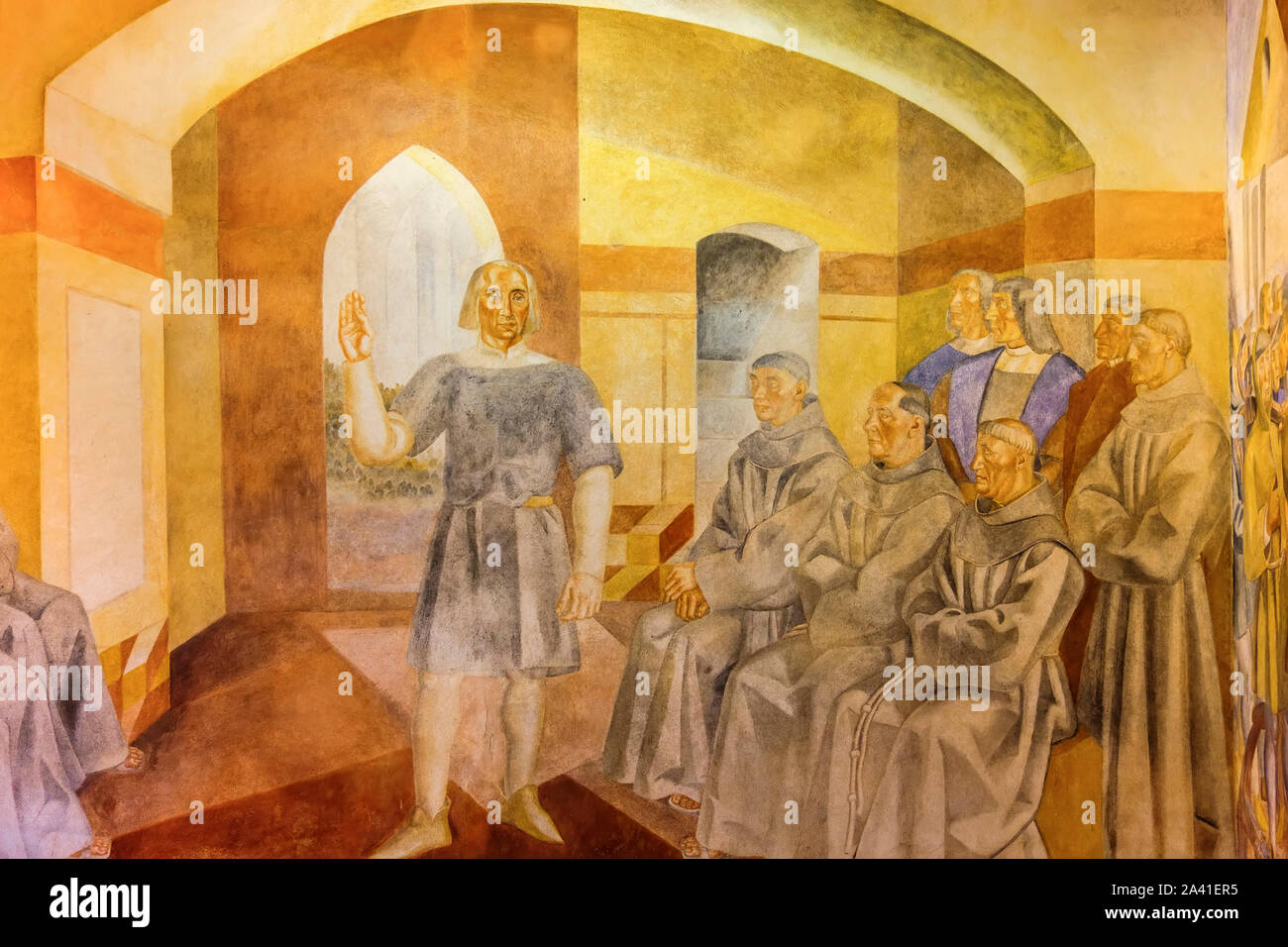 Monastère franciscain de Santa Maria de la Rábida, avec murs fresque murales de Vazquez Diaz, Palos de la Frontera. La province de Huelva. Le sud de l'Andal Banque D'Images