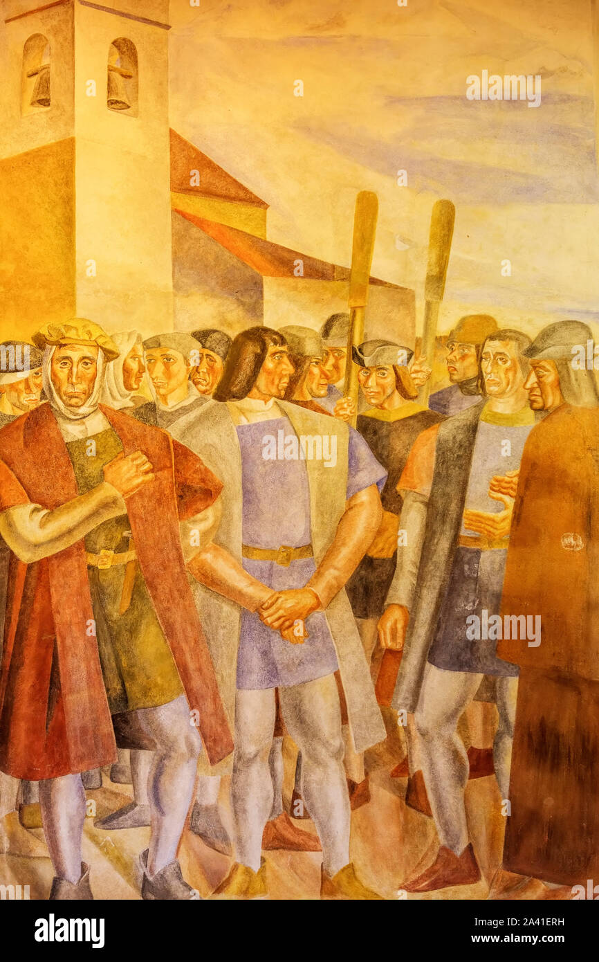 Monastère franciscain de Santa Maria de la Rábida, avec murs fresque murales de Vazquez Diaz, Palos de la Frontera. La province de Huelva. Le sud de l'Andal Banque D'Images