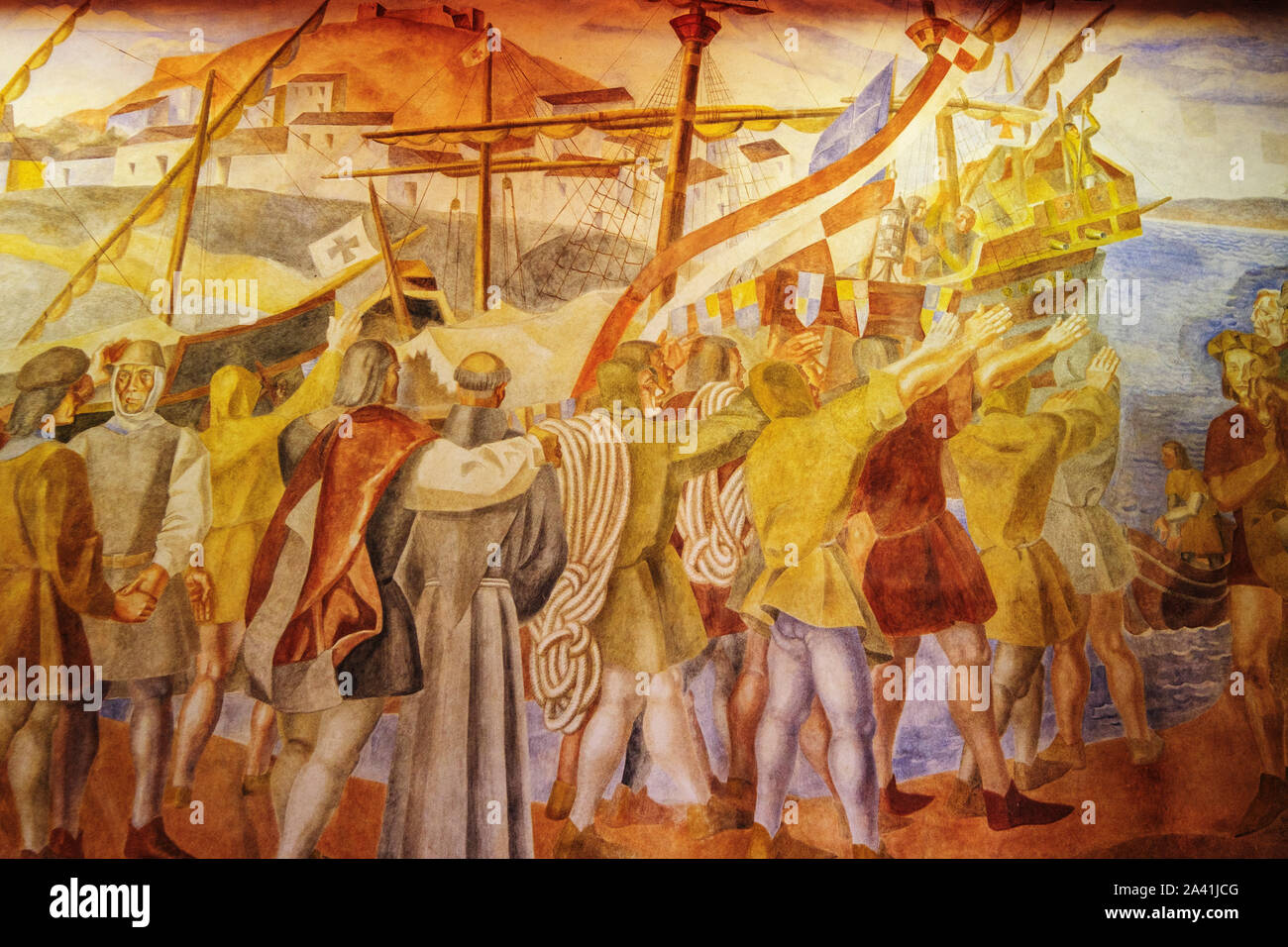 Monastère franciscain de Santa Maria de la Rábida, avec murs fresque murales de Vazquez Diaz, Palos de la Frontera. La province de Huelva. Le sud de l'Andal Banque D'Images