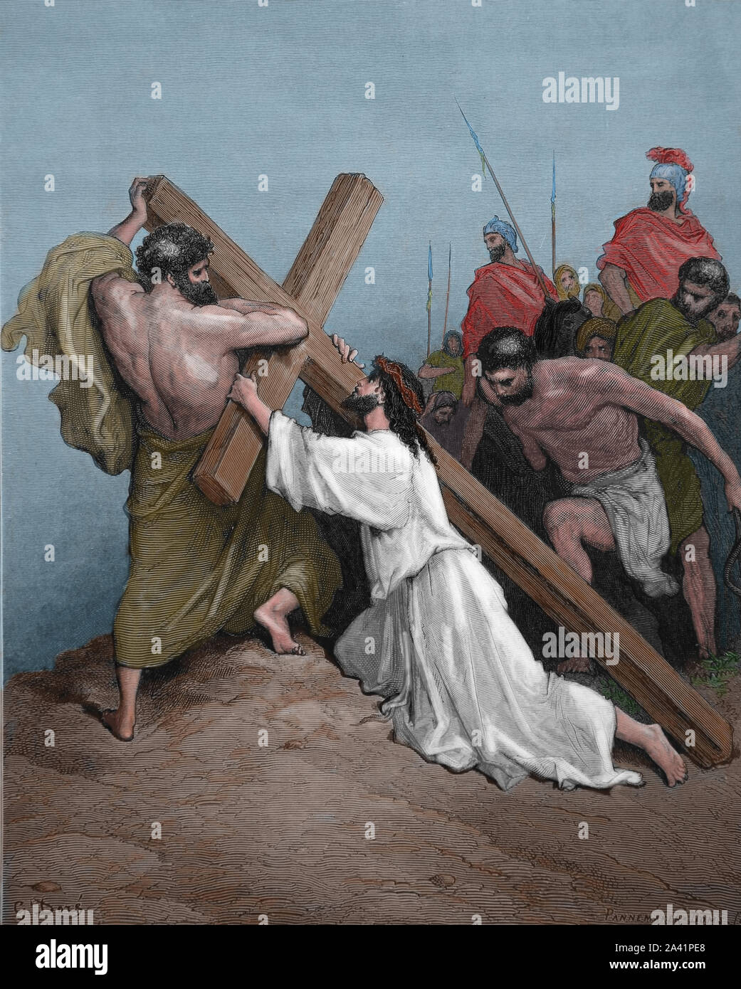 Jésus tombe sous la croix. La gravure. Illustration de la Bible par Gustave Dore. Marc 15:21.19e siècle. Banque D'Images