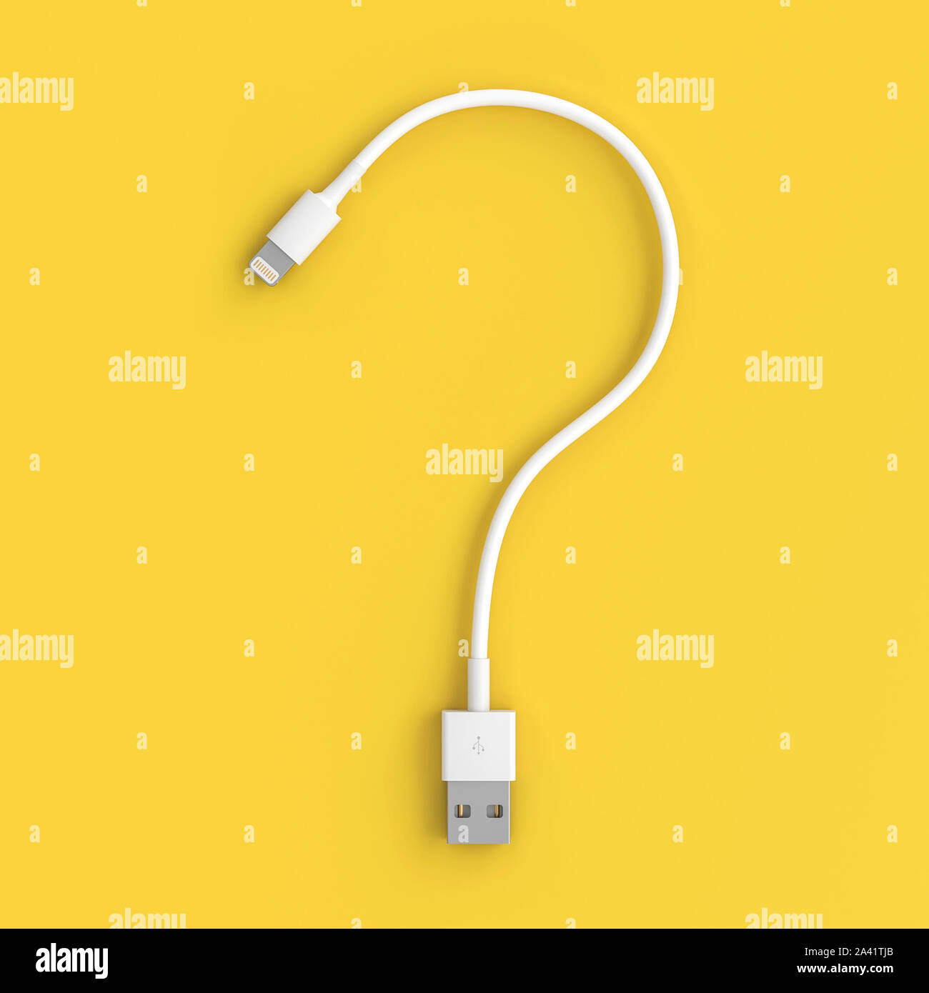 Image 3D d'un point d'interrogation d'un câble USB sur un fond jaune dans un style de mise à plat. Banque D'Images
