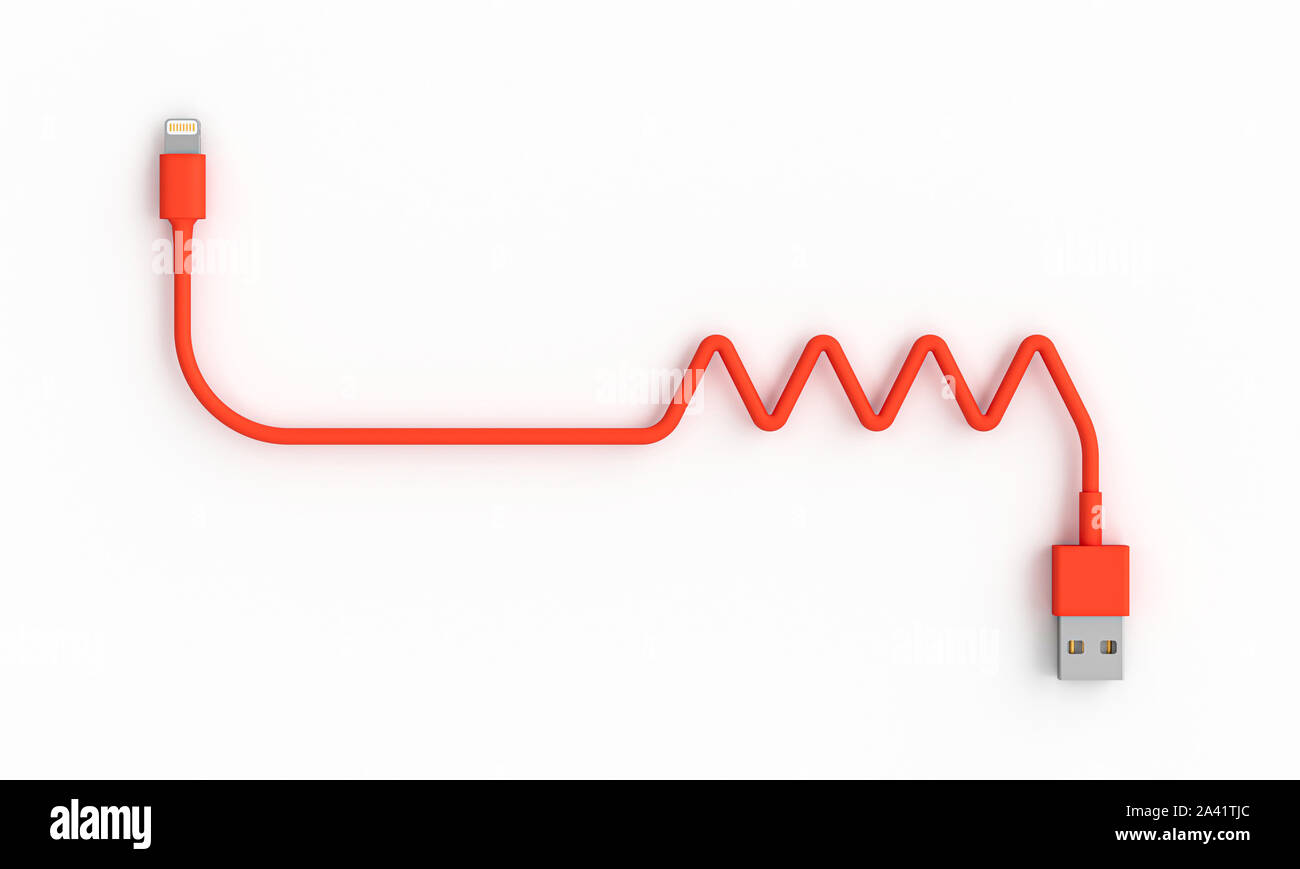 Câble USB de couleur corail sur fond blanc. Avec le fil non homogènes et géométrique pattern, concept de connexion instable. Image 3D render en fla Banque D'Images