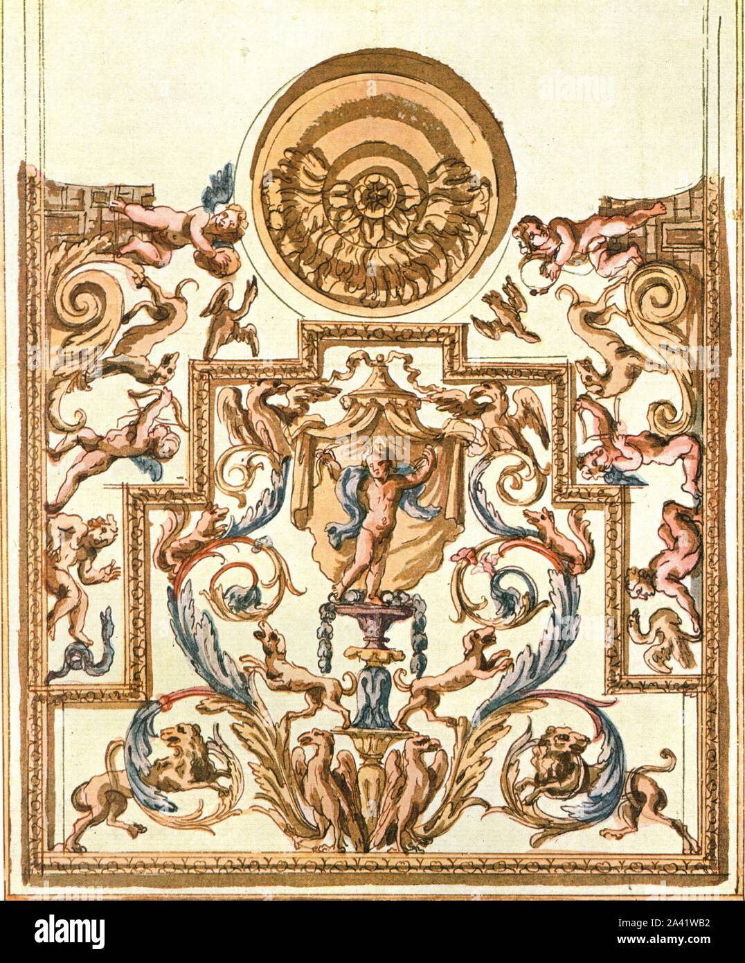 Esquisse pour la peinture décorative, France, (1928). 'Environ 1650...esquisse pour la peinture décorative, attribué à Giovanni Francesco Romanelli (1617-1662). Sans aucun doute, exécuté par un Italien en France'. Après une aquarelle dessin au crayon et à l'encre. XCI plaque, fig 182, à partir de "une encyclopédie de couleur Décoration depuis les premiers temps jusqu'au milieu du xixème siècle" avec texte explicatif par Helmuth Bossert. [Ernst Wasmuth Ltd., Berlin, 1928] Banque D'Images