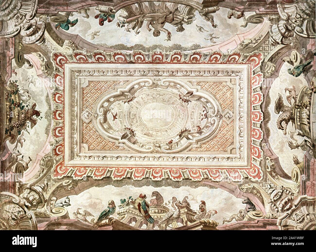 Conception pour une peinture au plafond, Pays-Bas, (1928). "Début du 18ème siècle...Daniel Marot [1661-1752] né à Paris, a dû fuir à Amsterdam en 1685 en raison de la révocation de l'Édit de Nantes. Il a travaillé là jusqu'après 1718. En 1686, il est nommé architecte de William III d'Orange et a travaillé plus tard en Angleterre. Après environ 1700 son modèle-livres ont été publiés et sont d'une grande influence". Après une aquarelle dessin au crayon et à l'encre. XCIV, fig 187 plaque, à partir de "une encyclopédie de couleur Décoration depuis les premiers temps jusqu'au milieu du xixème siècle" avec explanator Banque D'Images