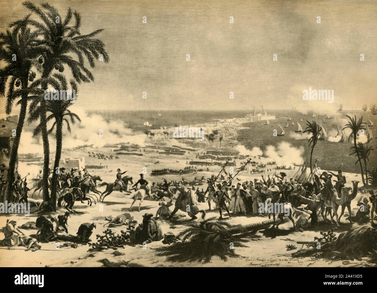 La bataille d'Aboukir, 25 juillet 1799, (1921). Représentation d'une bataille entre les Turcs sous Mustafa et les Français commandés par Napoléon, s'est battu à Aboukir (Abu Qir, sur la côte nord de l'Egypte), au cours de la campagne d'Égypte. Commandant de cavalerie français Murat a poussé les Turcs à la mer, et Mustafa Pacha, fait prisonnier, est conduit au général Napoléon Bonaparte. Après une peinture faite c1801 par Louis-Fran&# xe7;ois Lejeune, dans la collection de la mus&# xe9;e de l'Histoire de France, palais de Versailles, France. À partir de "Napoléon", par Raymond Guyot. [H. Floury, Paris, 1921] Banque D'Images