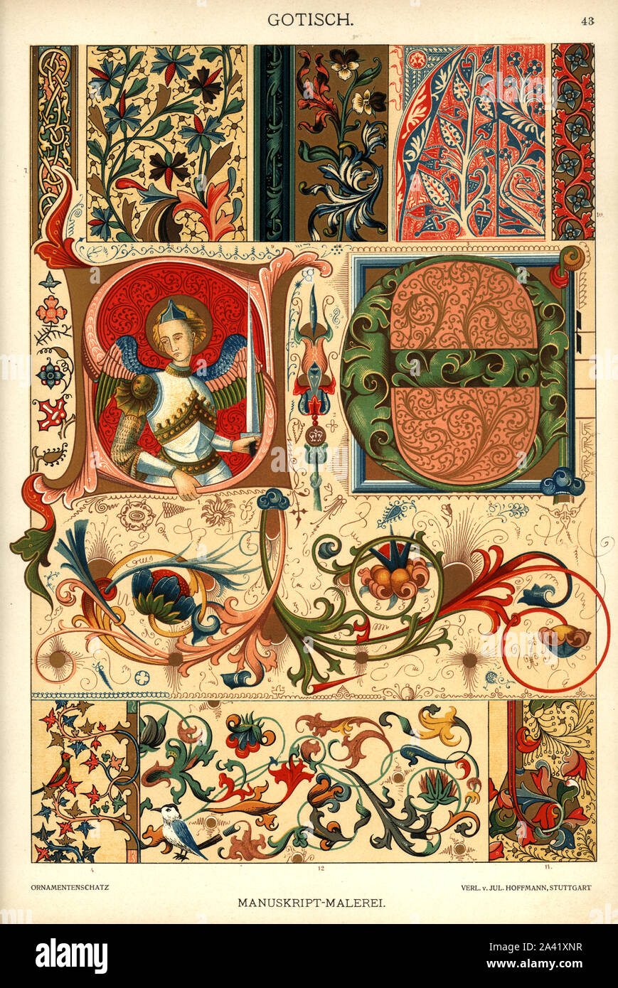 Peinture manuscrite gothique, Gothische Manuskript Malerei, Dolmetsch.Set mit 9 gothischen Symbolen, Mustern und Bordüren aus der Manusktriptmalerei. Banque D'Images