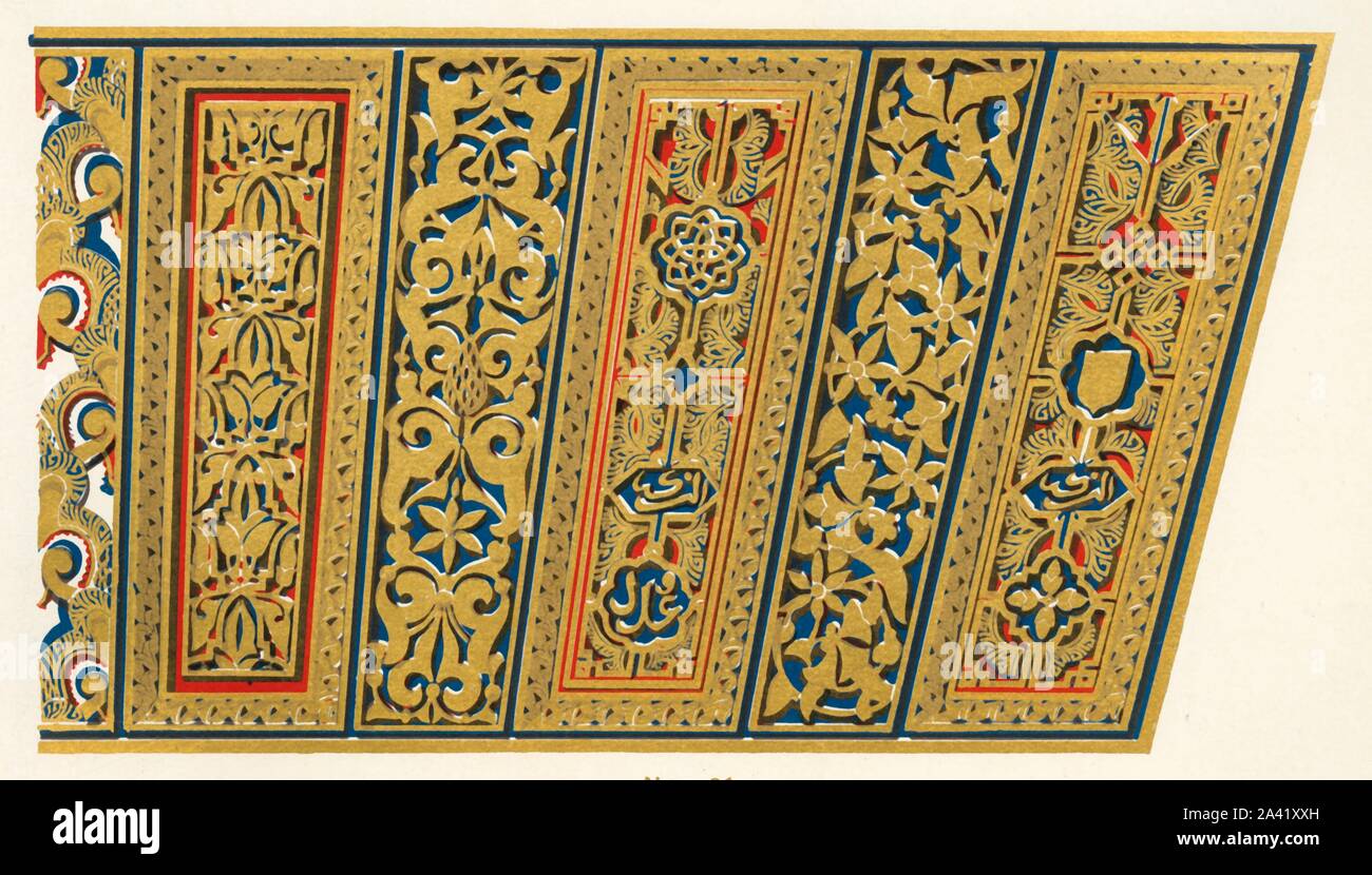 'Linteau de la baie de porte, cour de la mosquée", 1907. Décoration intérieure dans le palais de l'Alhambra, Grenade, Espagne, qui date du xive siècle. Plaque de couleur à partir de 21 "l'Alhambra : être un bref compte rendu de la conquête de la Péninsule arabique avec un compte particulier de l'architecture et de décoration mahométane" par Albert F. Calvert. [John Lane, London &AMP ; New York, 1907] Banque D'Images