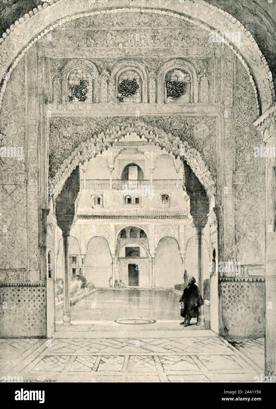 'Entrée de la salle de la Barque, l'Ante-Room de la Salle des Ambassadeurs, avec vue sur la Cour de l'Fish-Pond', 19e siècle, (1907). Vue sur la cour et piscine dans la salle de la Barque, palais de l'Alhambra, Grenade, Espagne, qui date du xive siècle. Le mot arabe baraka, ce qui signifie bénédiction, a été altéré dans le mot espagnol barca, ce qui signifie bateau, d'où la cour était appelée à tort Sala de la Barca (Salle de la Barque). À partir de "l'Alhambra : être un bref compte rendu de la conquête de la Péninsule arabique avec un compte particulier du mahométans ... Banque D'Images