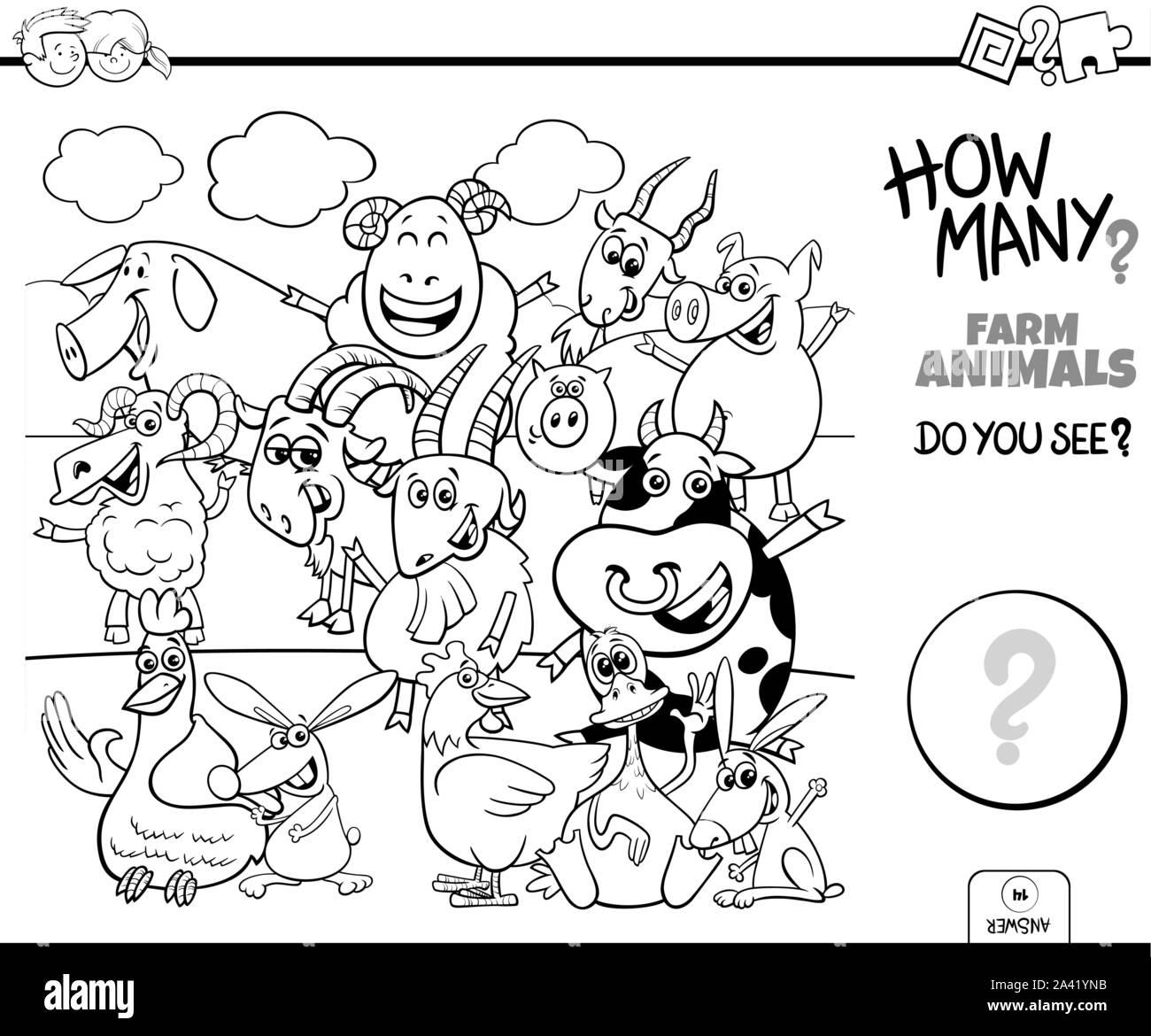 Illustration noir et blanc de l'Éducation groupe de comptage pour les enfants avec des dessins à colorier des caractères des animaux de ferme Illustration de Vecteur