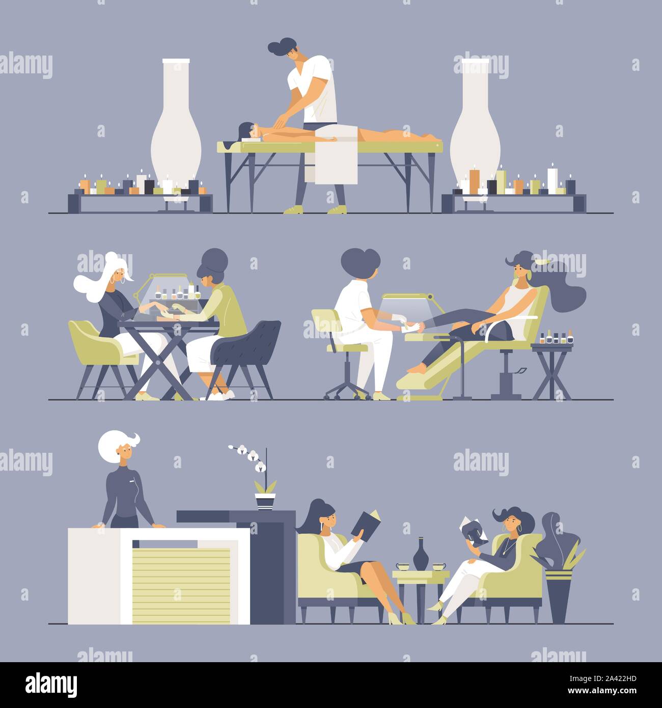 Salon de télévision illustrations vector set. Manucures, masseur, réceptionniste et clients de personnages de dessins animés. Massage Relaxant, manucure et pédicure, les femmes attendent à la réception Illustration de Vecteur