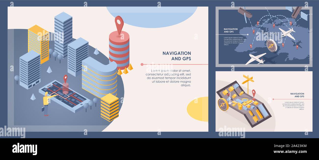 Logiciel de navigation des modèles vecteur bannière définie. Application GPS Mobile, système de positionnement intelligent des affiches publicitaires de la mise en page. Cartes et illustrations isométriques de transport avec l'espace de texte Illustration de Vecteur