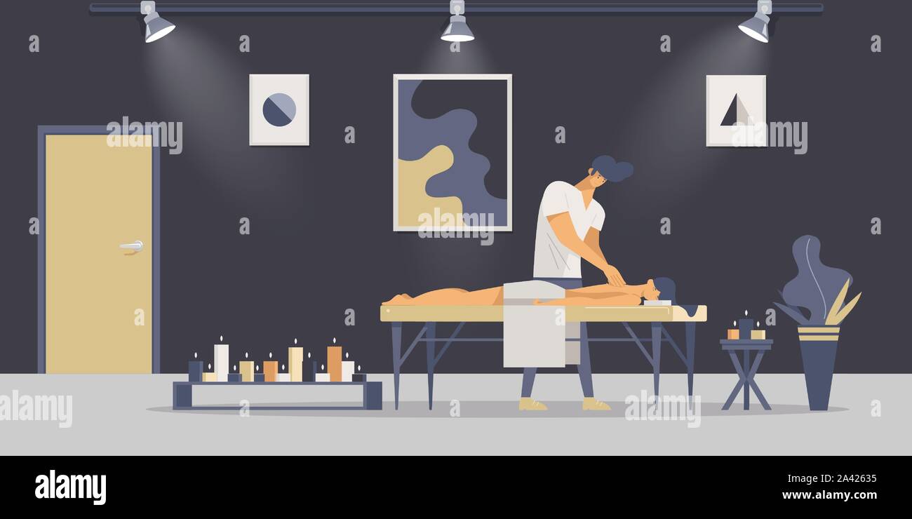 La thérapie de massage relaxant télévision illustrations vectorielles. Jeune masseur professionnel et le client dans la chambre avec des bougies de personnages de dessins animés. Procédure thérapeutique soins du corps, aromathérapie, spa center service Illustration de Vecteur