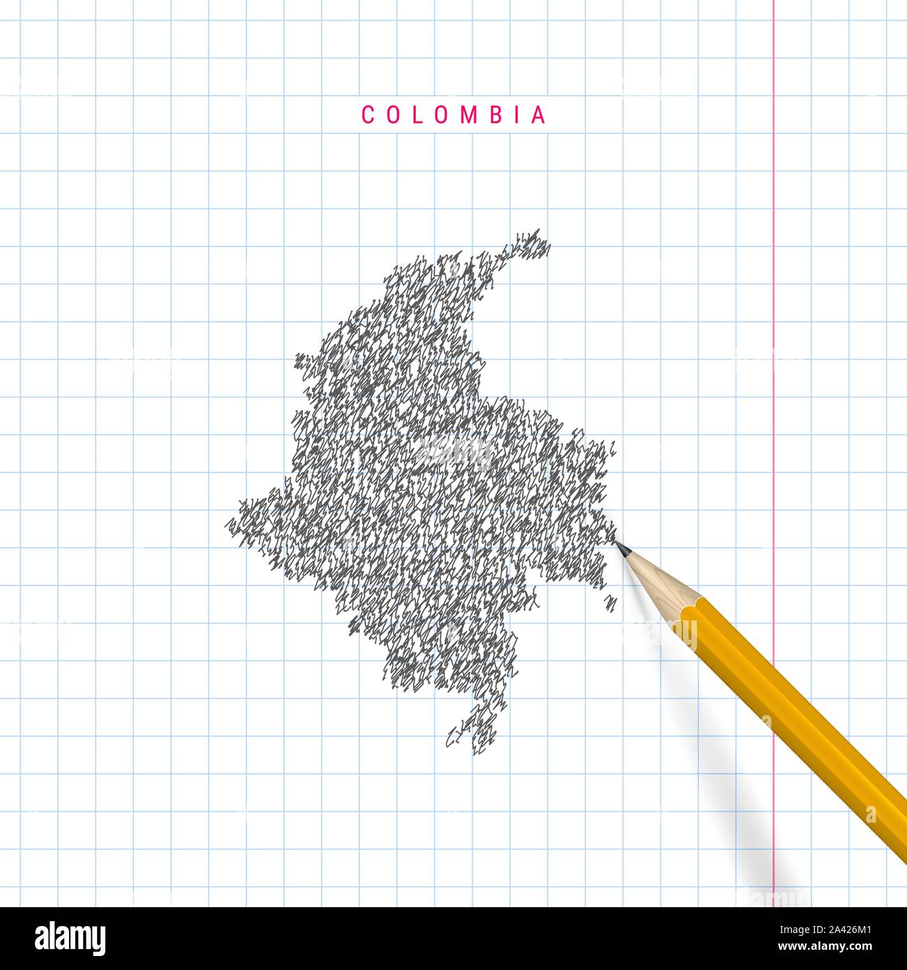 Colombie croquis scribble carte dessinée sur ordinateur portable à l'école à carreaux papier fond. Hand drawn vector carte de la Colombie. Crayon 3D réaliste. Illustration de Vecteur