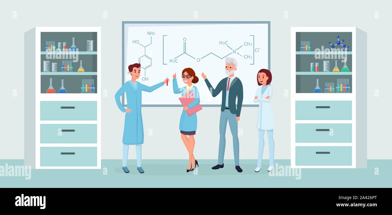Réunion des travailleurs de laboratoire chimique télévision illustrations. L'équipe de chimistes gaie, la chimie des experts et assistants de laboratoire de personnages de dessins animés. La découverte scientifique, de la recherche médicale, les scientifiques d'équipe Illustration de Vecteur