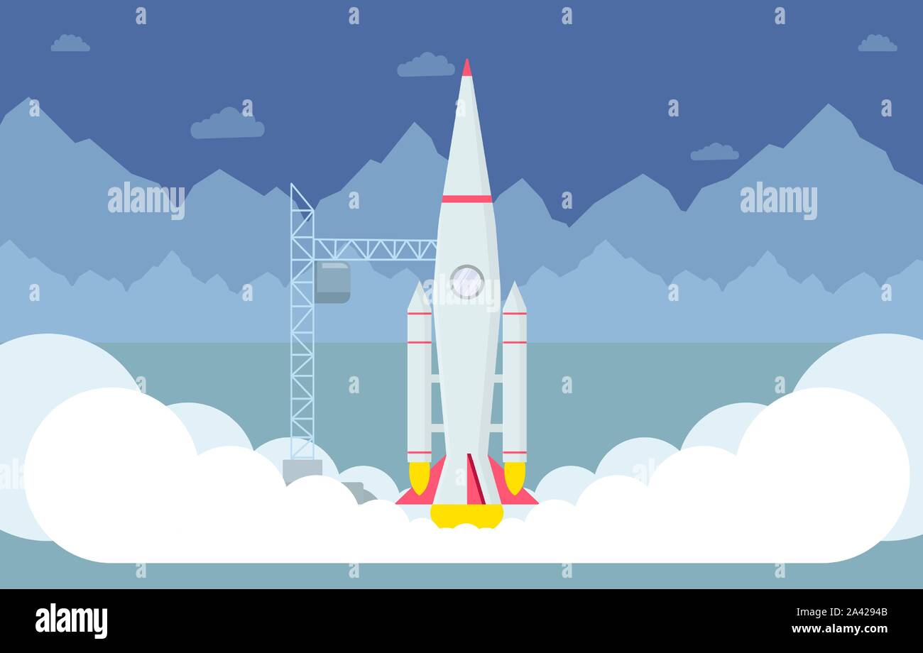 Rocket taking off télévision vector illustration. Vaisseau spatial le décollage à l'essai, l'exploration de l'espace interstellaire, programme de lancement de l'expédition. Les satellites modernes, battant rocketship et les montagnes d'ossature Illustration de Vecteur