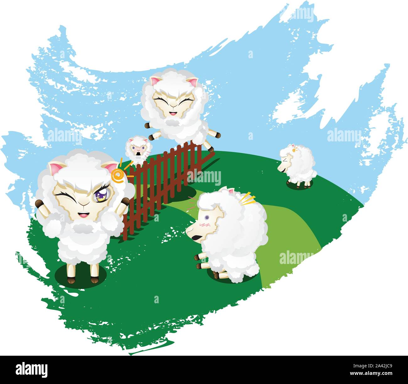 Cute funny mouton sautant par dessus une clôture sur une pelouse verte. Illustration de Vecteur