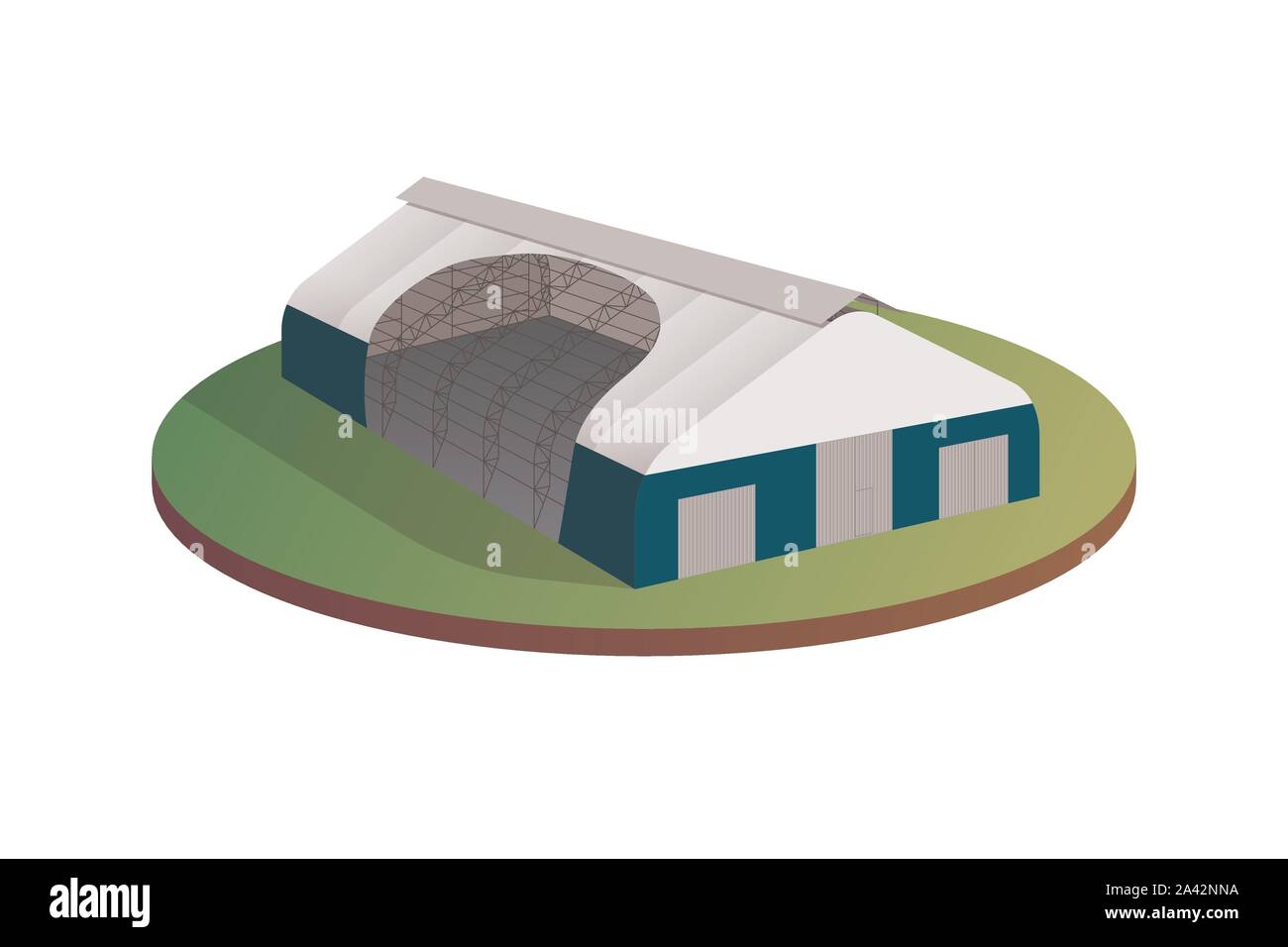 Tente-bâillette d'auvent temporaire bâtiment industriel entrepôt hangar. Construction d'une grange de hall d'exposition commerciale. Production usine, distribution de marchandises ou concept de stockage. Illustration vectorielle Illustration de Vecteur