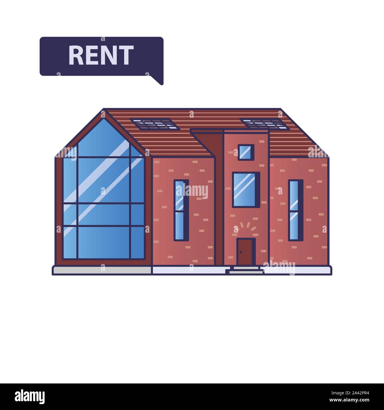 Maison moderne avec une grande fenêtre panoramique avec signe louer sur fond blanc dessiné dans un style plat Illustration de Vecteur