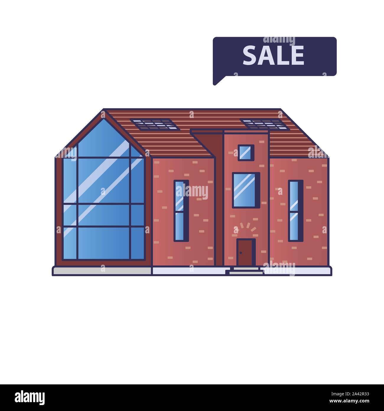 Maison moderne avec une grande fenêtre panoramique avec signe la vente sur un fond blanc dessiné dans un style plat Illustration de Vecteur